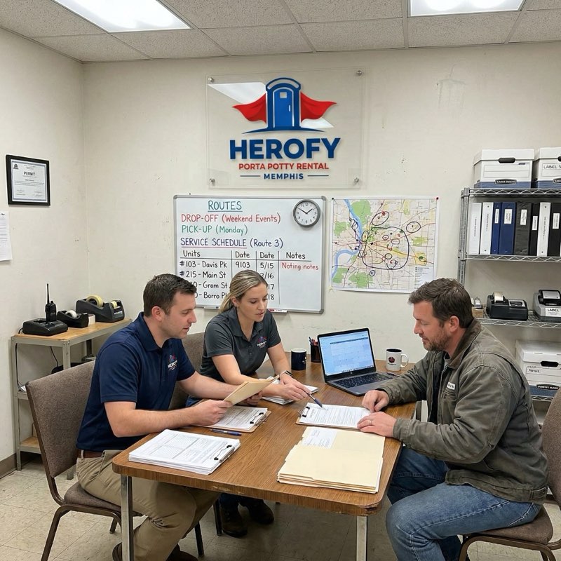 Two porta potties with delivery worker